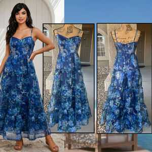 Lulus Blue Floral Organza Tiered Maxi Exclusive Glamour Dress Size S